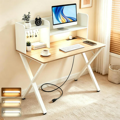 44"×24" White Computer Desk with Charging Ports & Hutch Pegboard