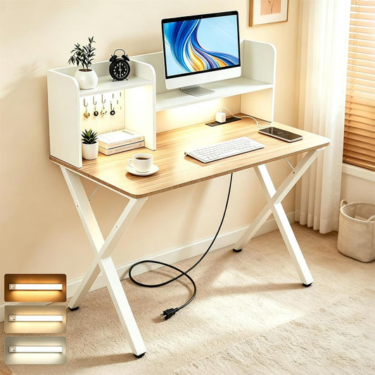 44"×24" White Computer Desk with Charging Ports & Hutch Pegboard