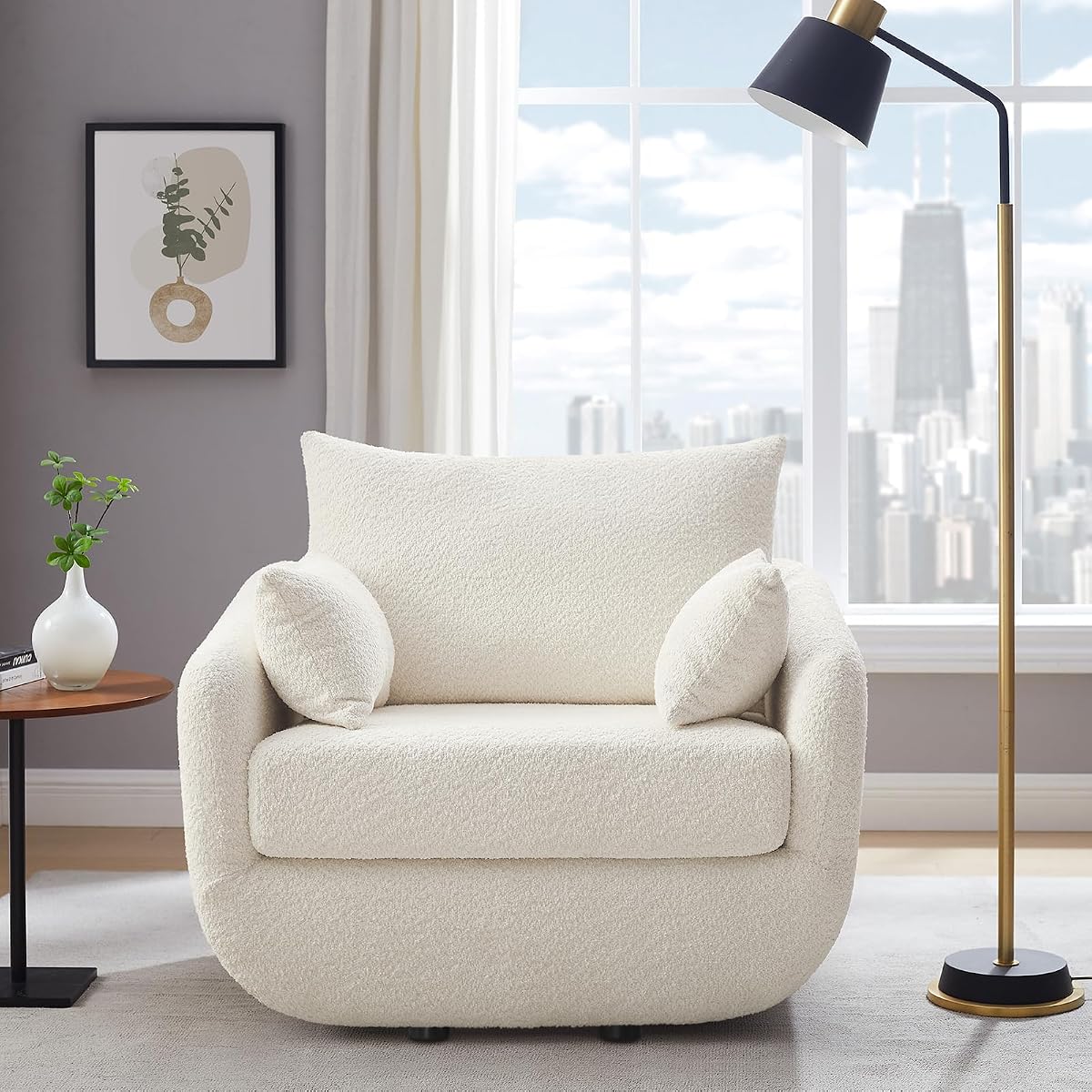 360° Swivel Accent Armchair, 39.3" Oversized, Sherpa Boucle Fabric Sofa Chair with Removable Back & Arm Pillows, Swivel Chair with Cozy Soft Padded (1, Cream White)
