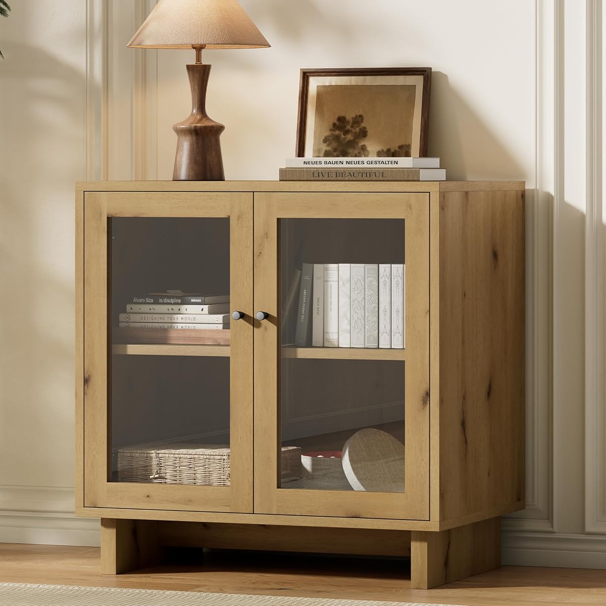31.3" Storage Cabinet, Modular Sideboard Buffet Cabinet, Glass Cabinet-Oak