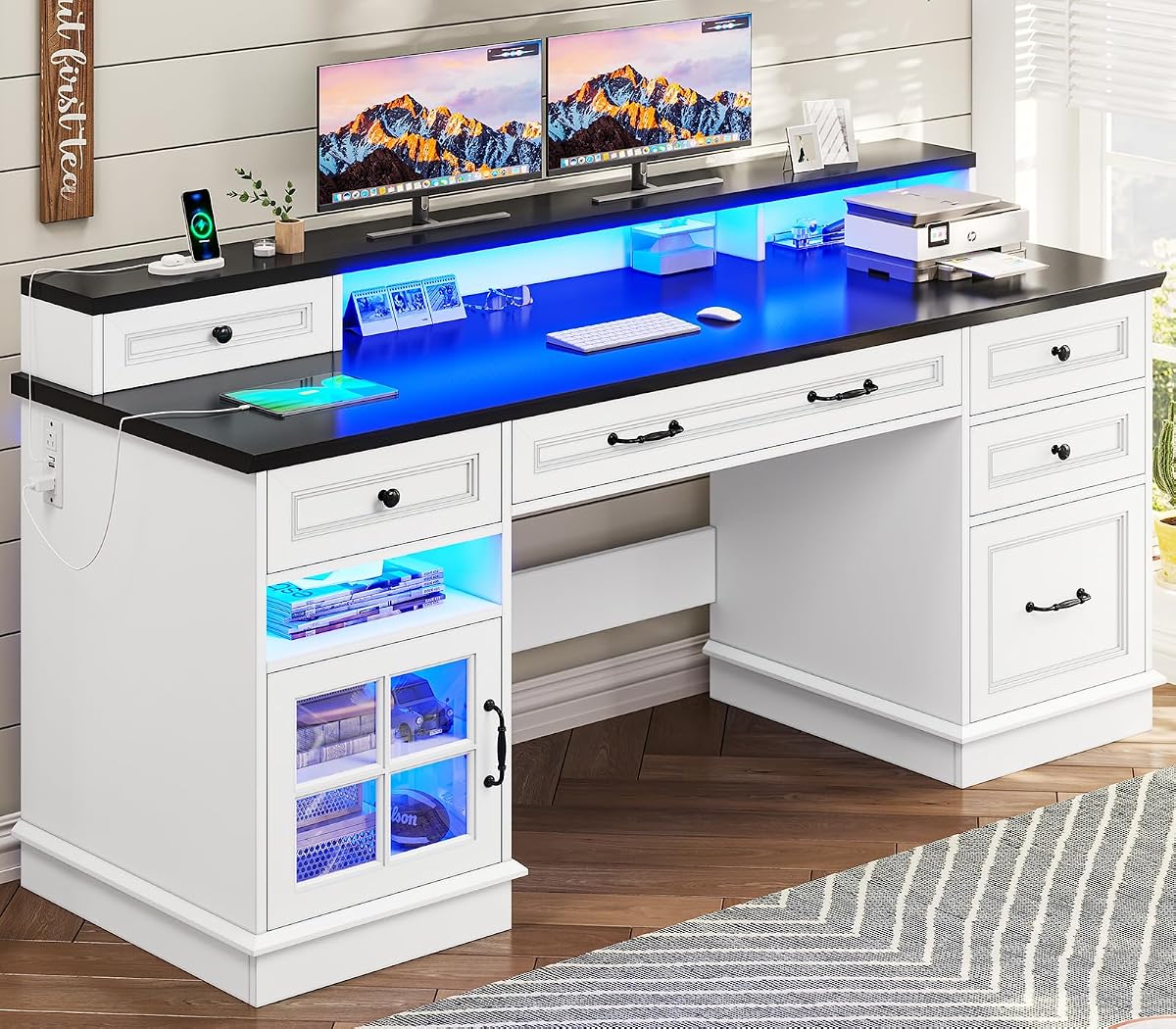 59.1" Executive Desk with File Drawer, Charging Station, White