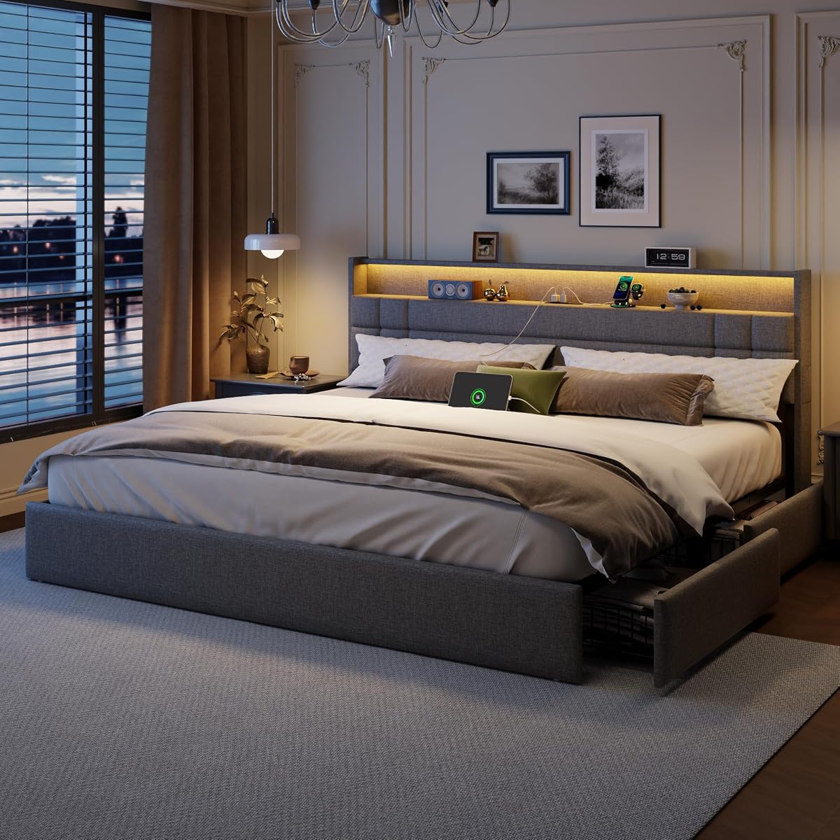 King Size Bed Frame with 4 Drawers & Storage Headboard, Grey