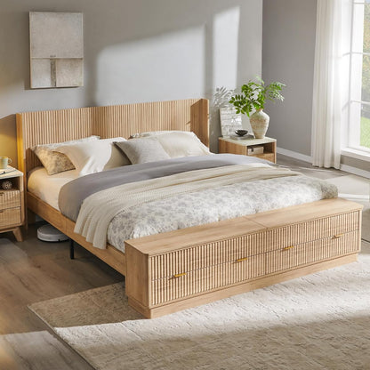 Fluted King Size Bed Frame with Wingback Headboard, Footboard Storage Bench with Built-in Drawers & Lift-Up Compartments, Wood & Steel Platform Bed, No Box Spring Needed, Natural Oak