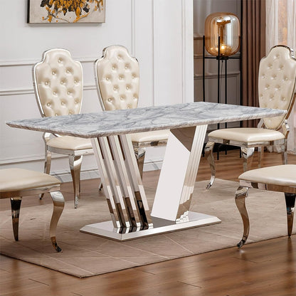 Marble Dining Table for 6 People, 70'' Rectangle Faux Marble Dining Table with Mirrored Stainless Steel Base, Large Size Marble Kitchen Table (Silver,Grey)(only Table)