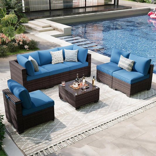 7-Piece Outdoor Patio Furniture Set, 6-Seat All-Weather PE Rattan Wicker Patio Sectional Furniture Set with Coffee Table, 450 lb Capacity