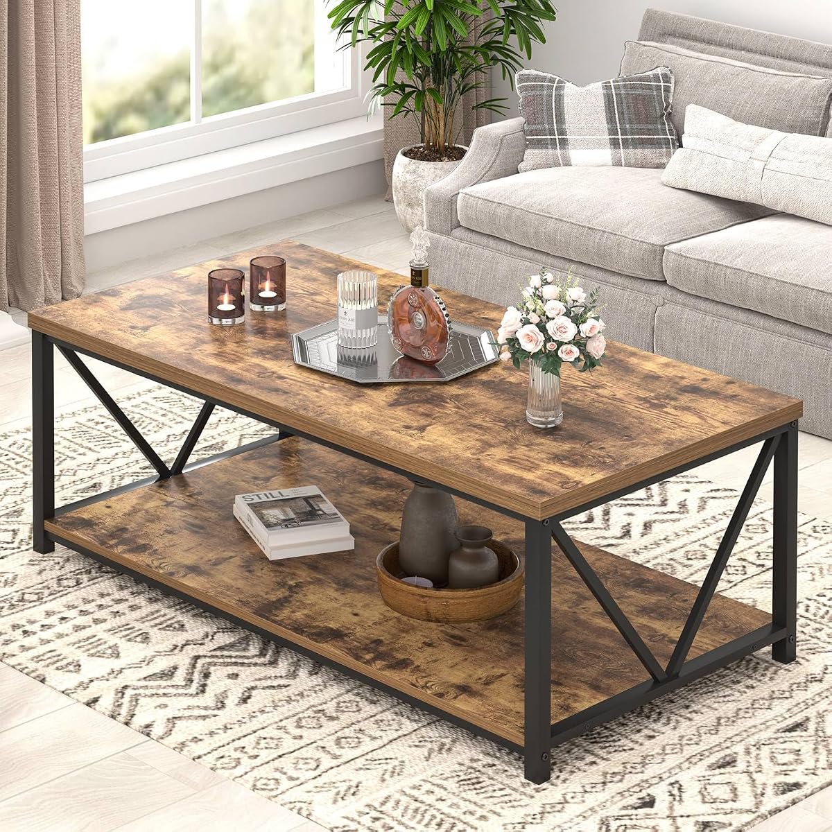 Modern Coffee Table, Rustic Wood and Metal Living Room Table with Storage Shelf, Industrial Rectangle Center Table, 47 Inch Brown