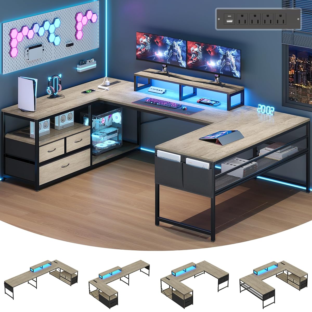 102“ L Shaped Gaming Desk with 3 Drawers & LED Light & Power Outlet