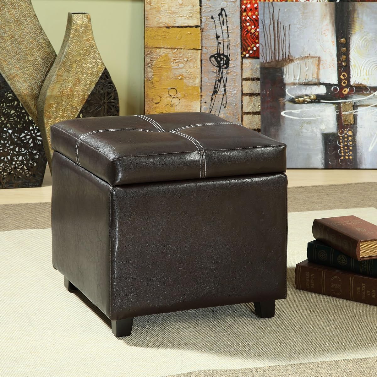 Treasure Tufted Faux Leather Square Storage Ottoman Cube In Espresso