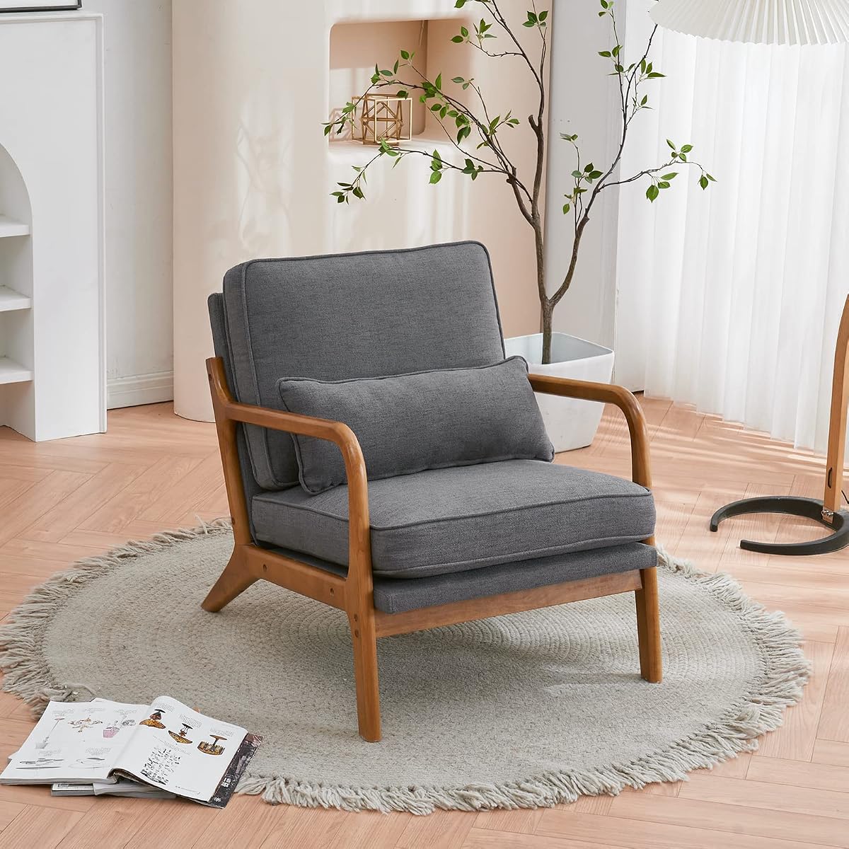 Accent Chair Mid-Century Modern Chair with Pillow Linen Fabric Upholstered Lounge Arm Chair with Solid Wood Frame & Soft Cushion for Living Room, Bedroom, Balcony, Gray