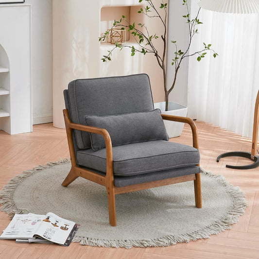 Accent Chair Mid-Century Modern Chair with Pillow Linen Fabric Upholstered Lounge Arm Chair with Solid Wood Frame & Soft Cushion for Living Room, Bedroom, Balcony, Gray