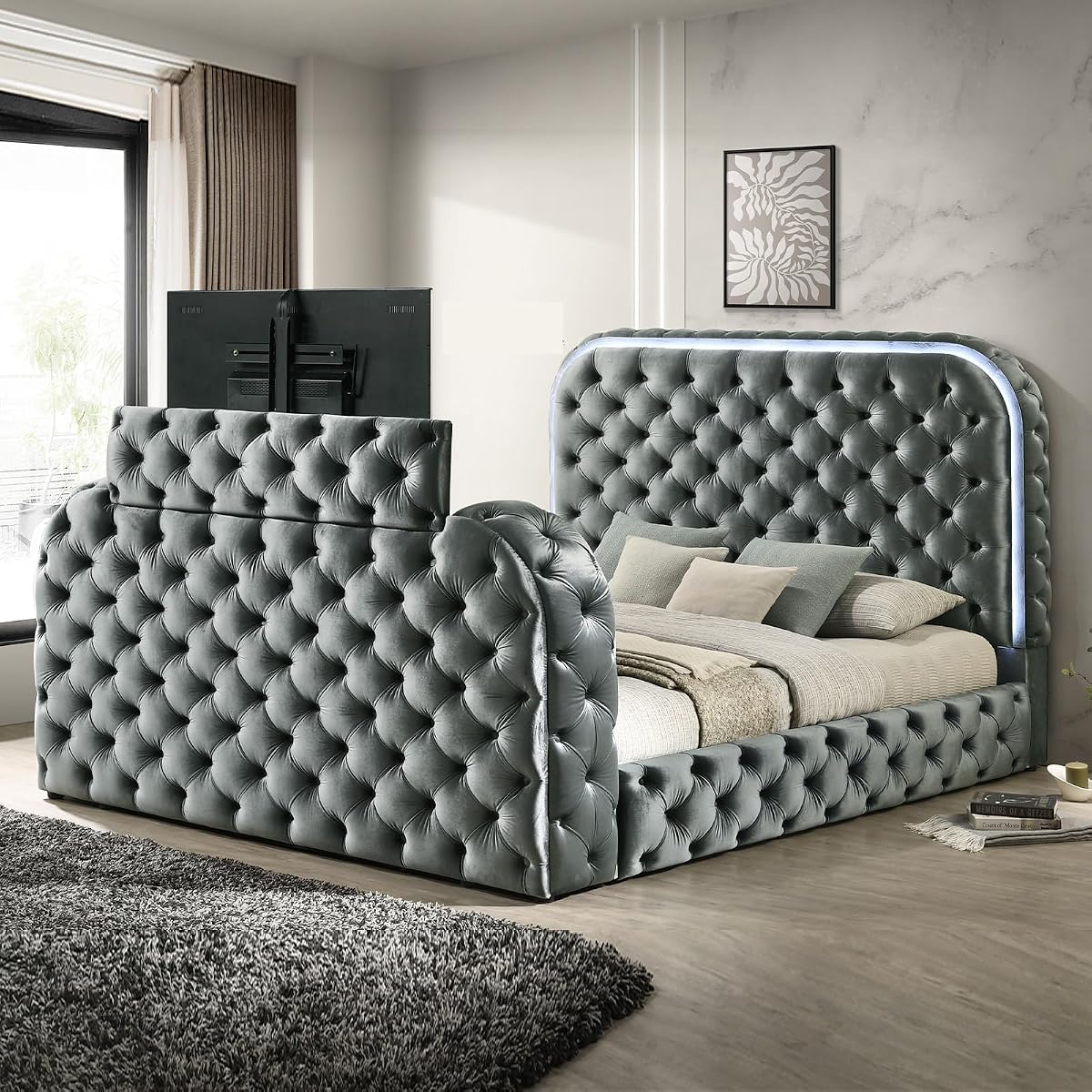 Wood Platform Bed with Tufted Headboard and Footboard in Gray