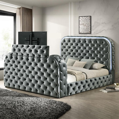 Wood Platform Bed with Tufted Headboard and Footboard in Gray