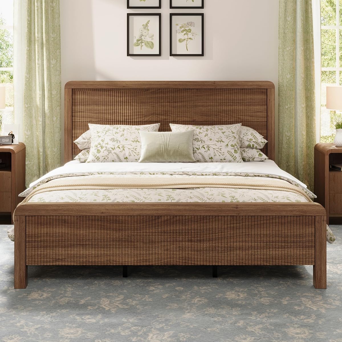 Queen Wood Bed Frame with Fluted Headboard & Footboard, Walnut