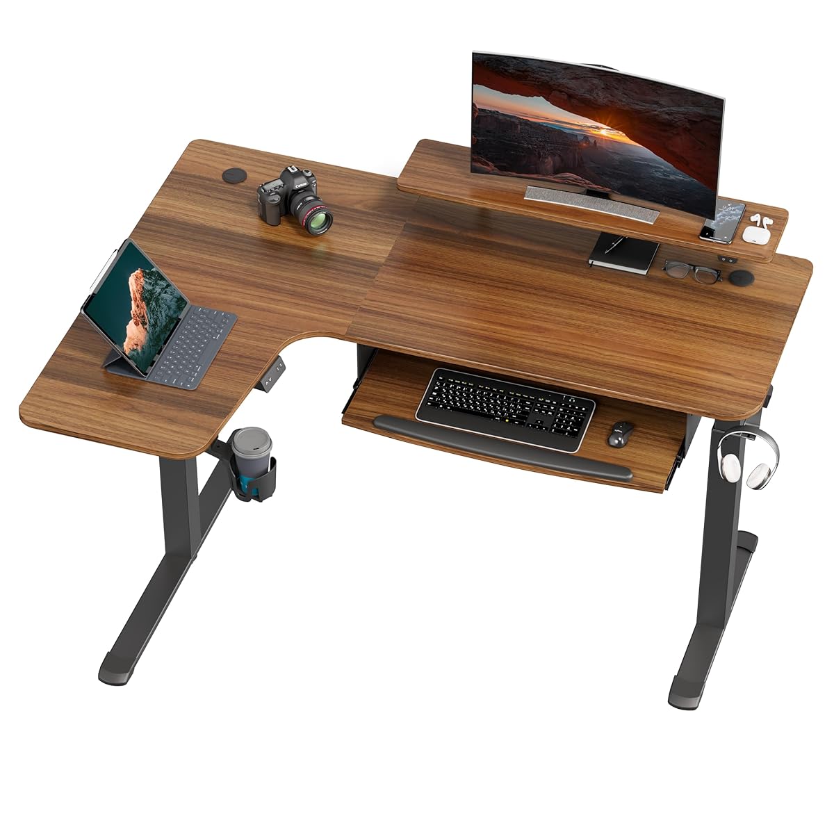 Standing Desk Electric Adjustable Height (61"x43") Computer Desk with Keyboard Tray, Sit Stand Desk L Shaped Desk for Work/Home Office,Dual Motor,Memory Presets,2 USB/RGB,Walnut/Left