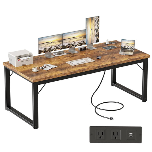 63 Inch Large Computer Desk with Power Outlets, 1.2" Thick Heavy Duty Industrial Office Desk, Modern Simple Study Writing Table for Home Office Bedroom Workstation, Brown