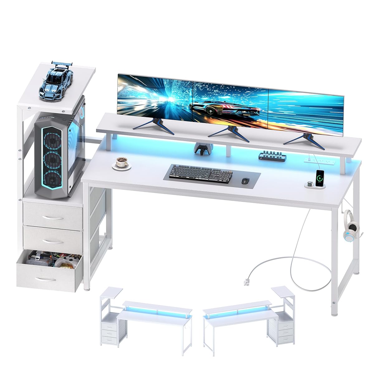 L Shaped Gaming Desk with Shelves Storage Drawers 59'', White Computer Desks with LED Lights Power Outlets, Office Wood Table with PC Stand Cable Management for Bedroom Dual Monitor Streaming