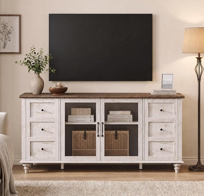 TV Stand for 65 Inch TV, TV Cabinet with Glass Door, Antique White