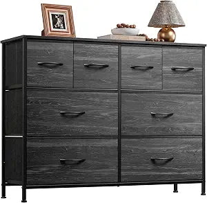 Wide Dresser for Bedroom, 8 Drawer Chest of Drawers, Black Wood Grain, view 2