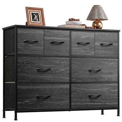 Wide Dresser for Bedroom, 8 Drawer Chest of Drawers, Black Wood Grain
