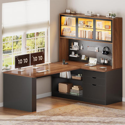 L Shaped Computer Office Desk with 3 Wood Drawer and Large Bookshelf