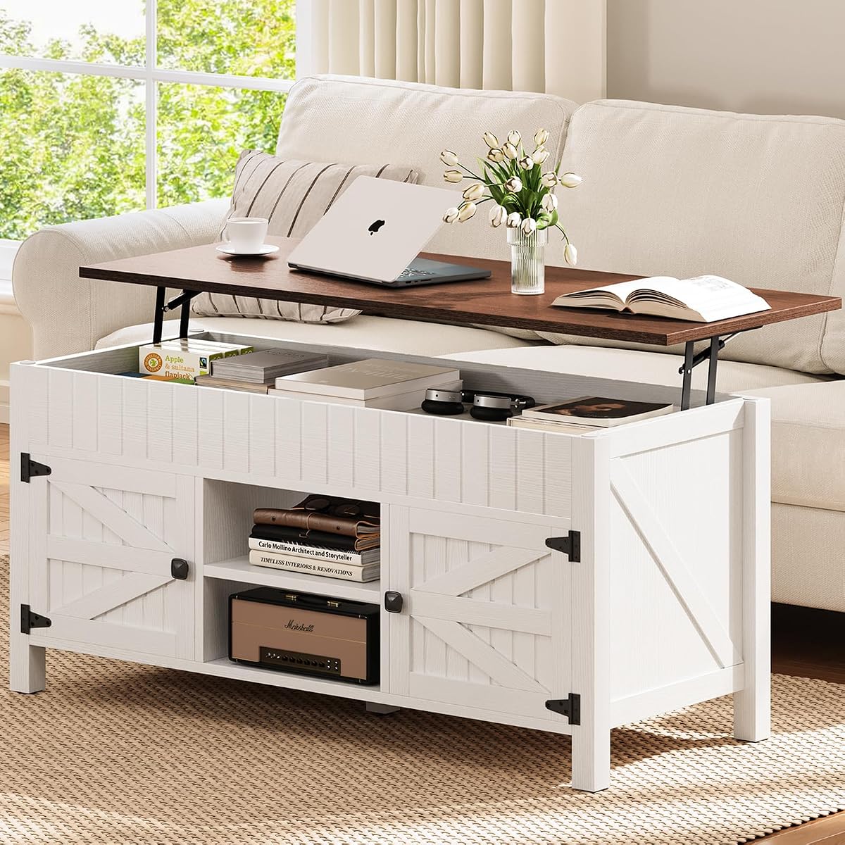 47.3“ Lift Top Coffee Table with Storage - White Coffee Tables for Living Room, Farmhouse Wood Center Table, Large Rectangle Middle Tables with Hidden Compartment & Adjustable Shelf