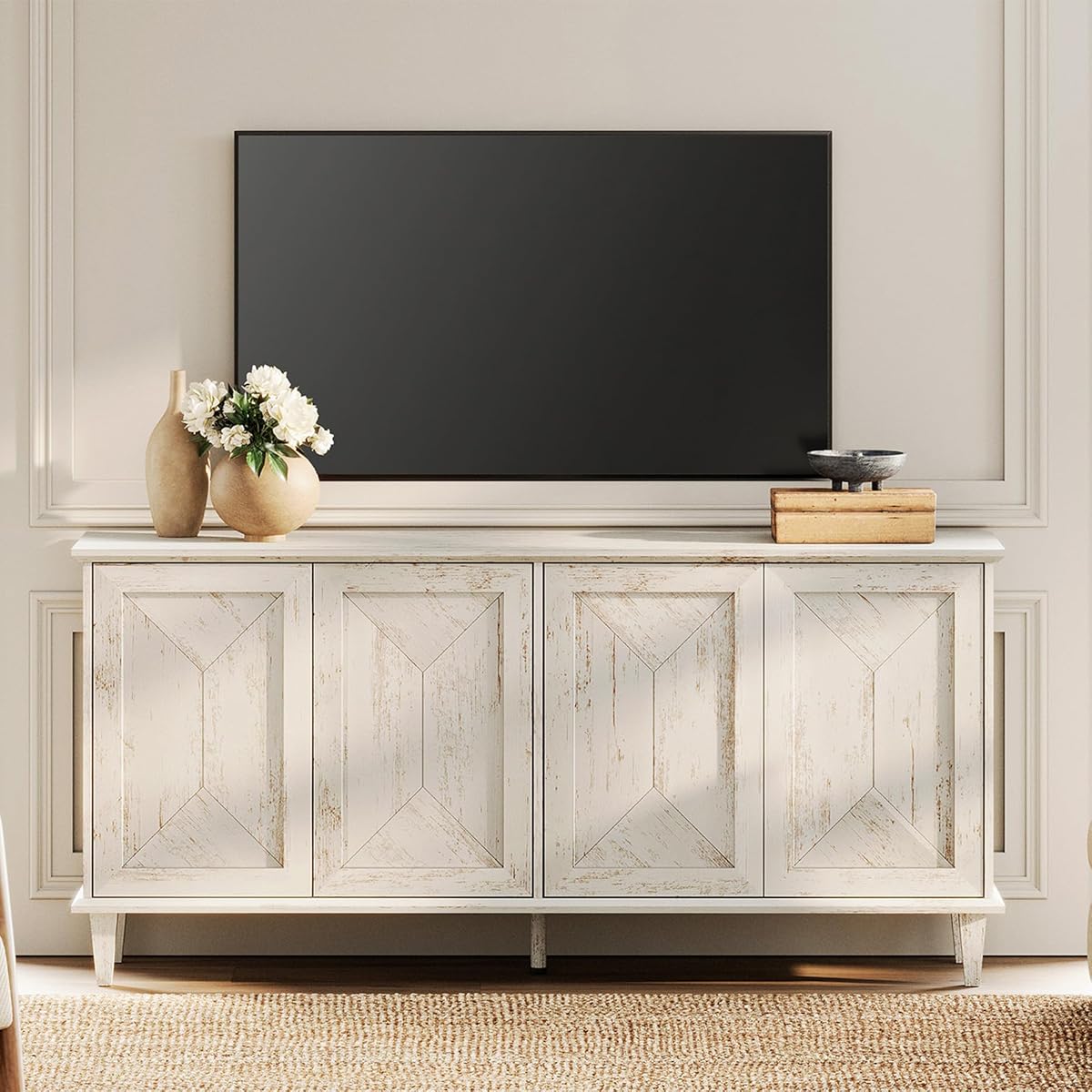 65" Modern Farmhouse TV Stand with Handcrafted Patchwork Doors for 75" TVs, Entertainment Center Console with Cable Management, Adjustable Shelves Storage for Living Room, Pale Oak