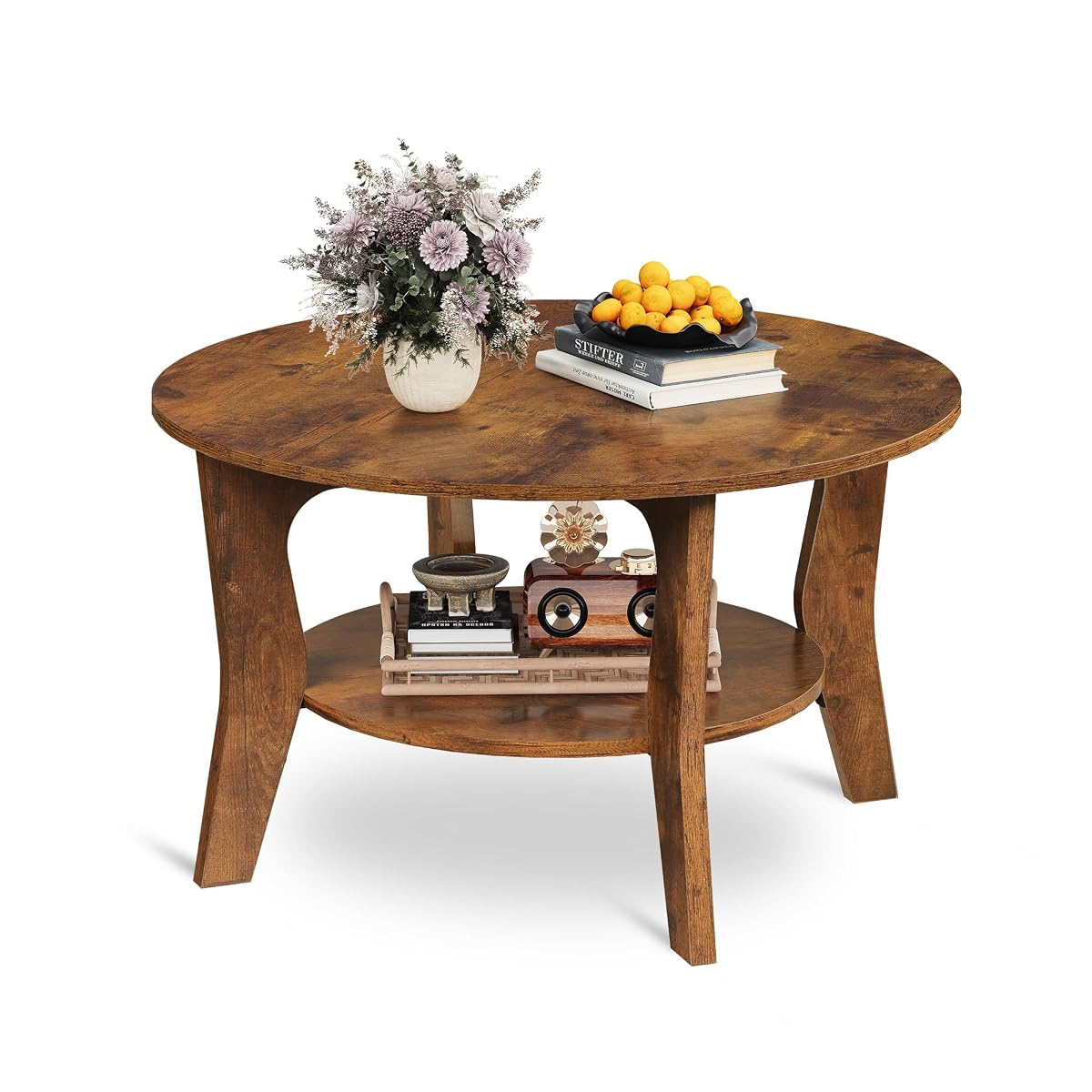 Round Coffee Table, 2-Tier Small Coffee Table with Storage Shelf, Circle Wood Center Table for Living Room, Apartment, Easy Assembly, Rustic Brown