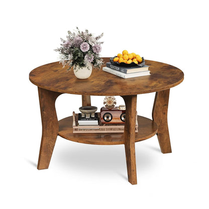 Round Coffee Table, 2-Tier Small Coffee Table with Storage Shelf, Circle Wood Center Table for Living Room, Apartment, Easy Assembly, Rustic Brown