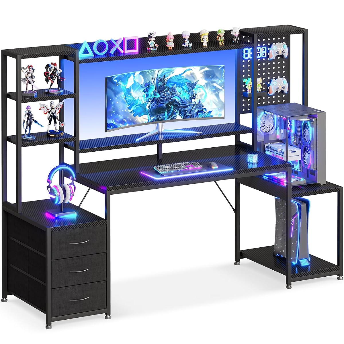 67 Inch Gaming Desk with Display Shelves, 3 Drawers, LED Lights, Hutch