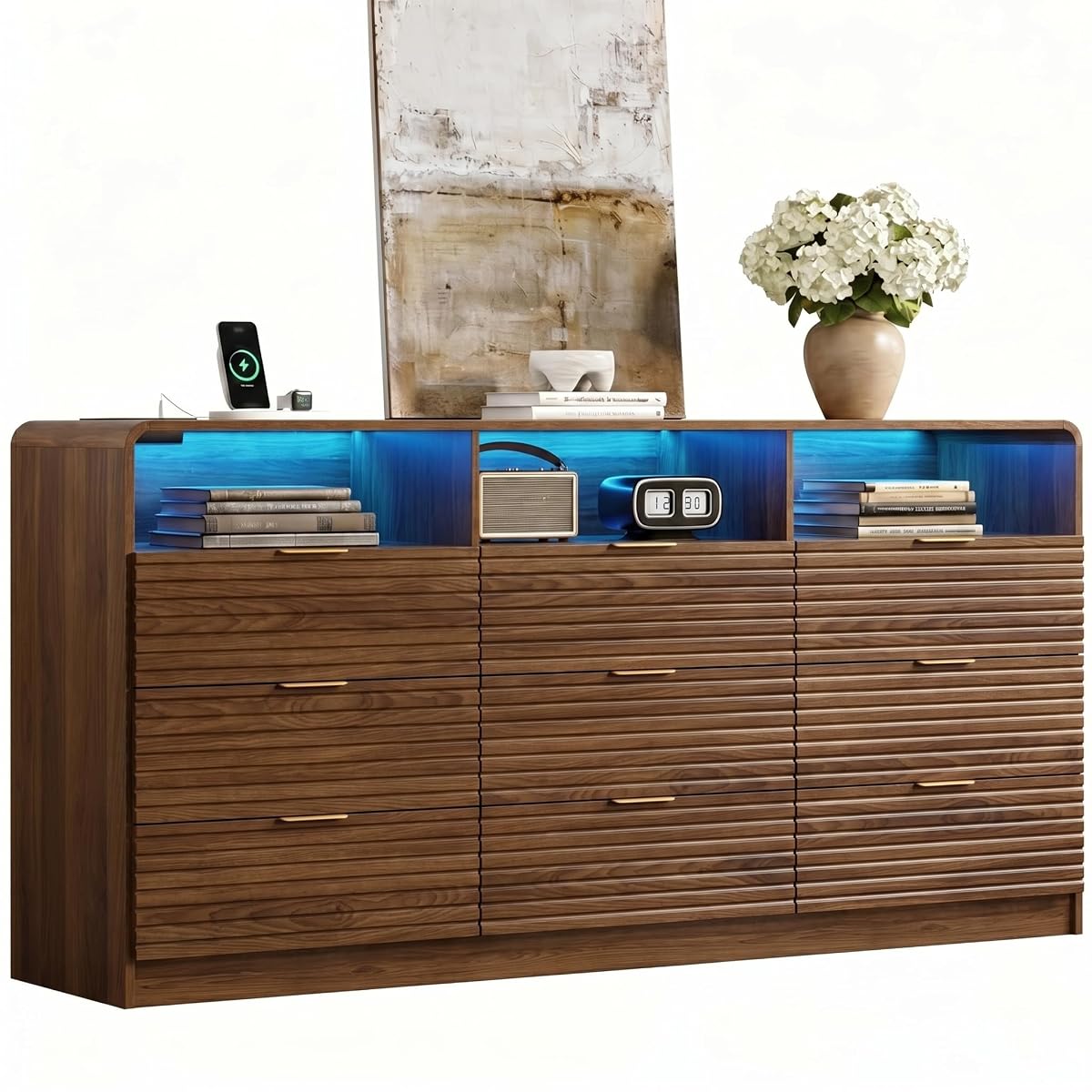 63'' Wide Fluted 9 Drawers Dresser with 3 Cubbies