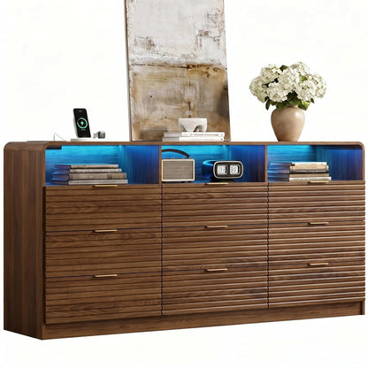 63'' Wide Fluted 9 Drawers Dresser with 3 Cubbies