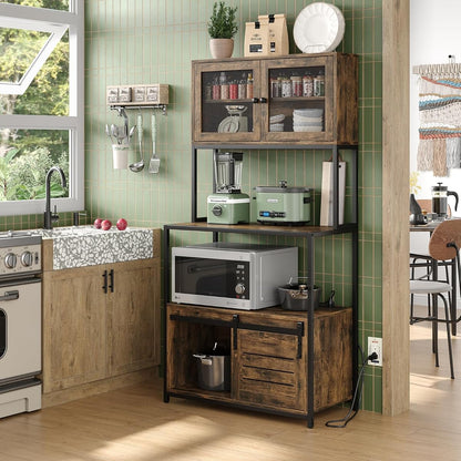 6-Tier Kitchen Bakers Rack with Power Outlet, Industrial Microwave Oven Stand with Shelves, Kitchen Utility Storage Shelf with Cabinet, Standing Storage Rack (Rustic Brown)
