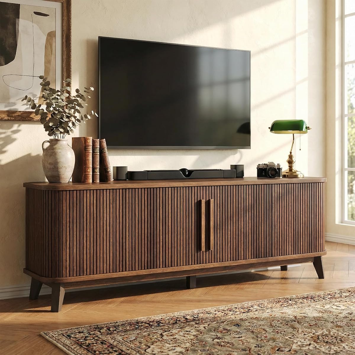 Mid Century Modern TV Stand for 80'' tv, Wood Entertainment Center, Walnut