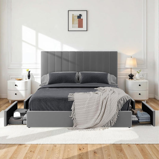 Full Size Velvet Upholstered Storage Bed Frame with Adjustable Vertical Channel