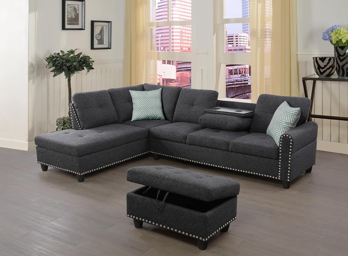 Sectional Sofa Couch, Modern 4-Seaters Living Room Furniture Sets with Chaise Lounge, Ottoman & 2 Pillows | L Shape Couch | Cup Holder | Linen Fabric, Charcoal Gray