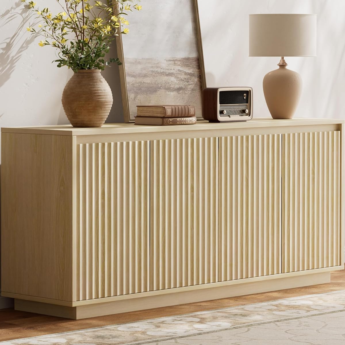 63" Fluted Buffet Cabinet Sideboard with Storage Credenza 4 Doors Wood Modern