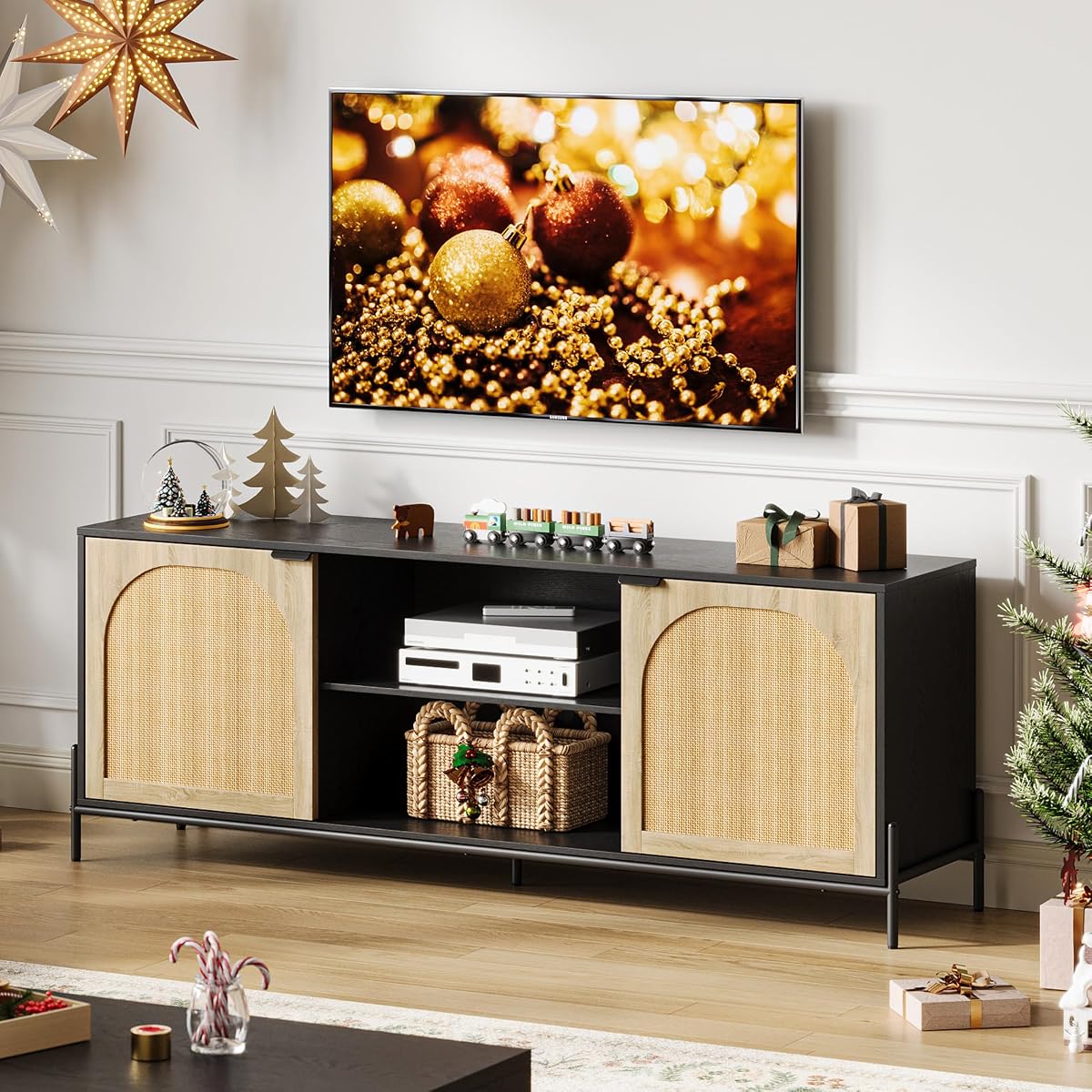 Rattan TV Stand for 75" TV with Storage, 65" Console Table with Metal Legs