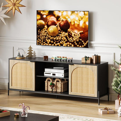 Rattan TV Stand for 75" TV with Storage, 65" Console Table with Metal Legs
