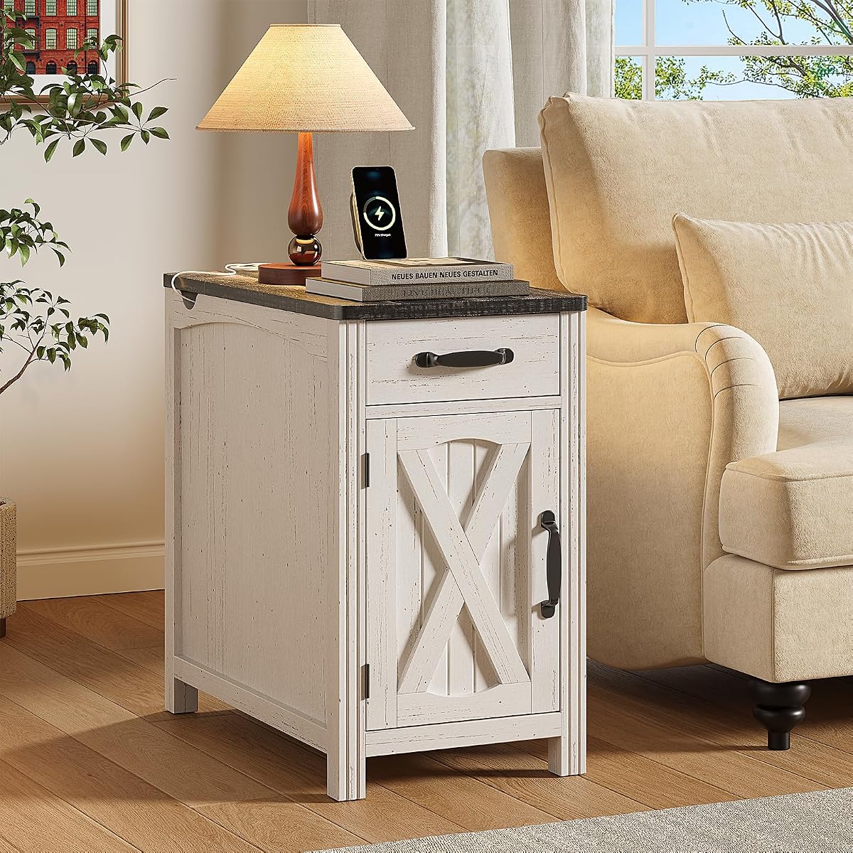 Farmhouse End Table with Charging Station, Narrow Side Table with Barn Door, Rustic Wood Sofa Side Table with Drawer and Storage Cabinet, 23.5" Small Nightstand for Living Room (Rustic White)