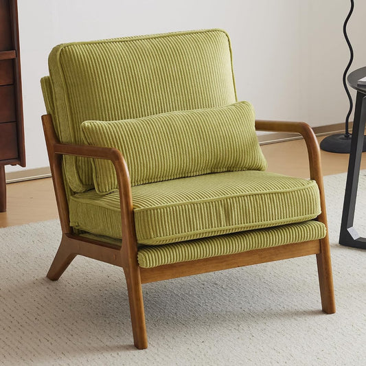 Upgraded Premium Corduroy Accent Chair,Upholstered Arm Chair,Solid Wood Comfy Reading Chair with Pillow, Mid Century Modern Chairs for Living Room,Bedroom,Guest Room,Green