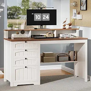 47" Farmhouse Executive Desk with 4 Drawers, Rustic White and Brown, view 2