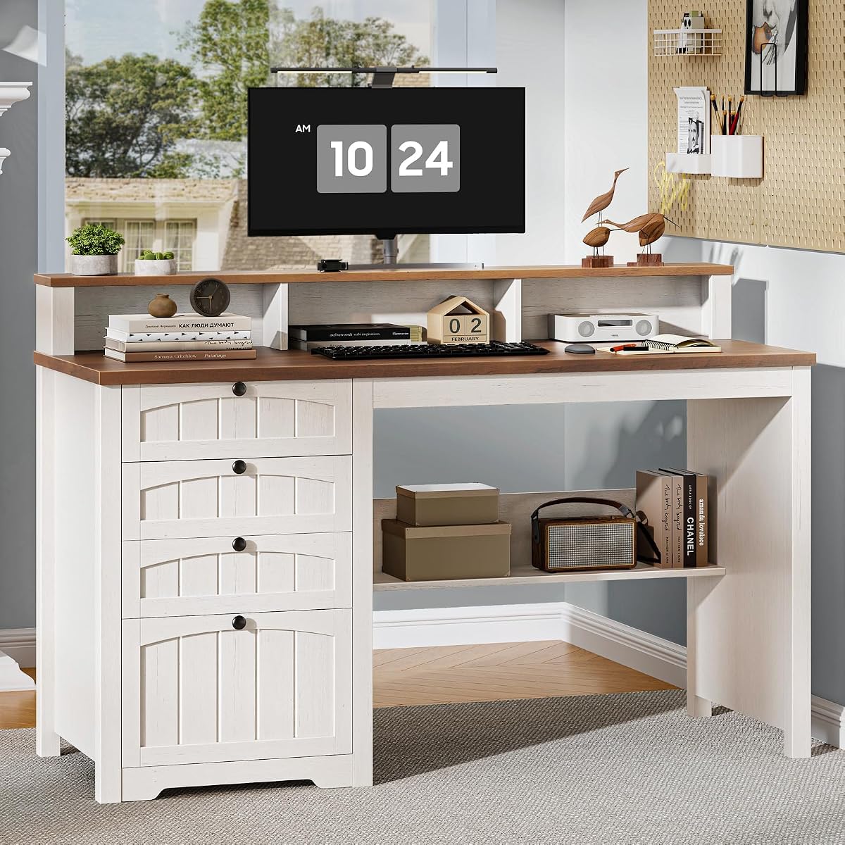 47" Farmhouse Executive Desk with 4 Drawers, Rustic White and Brown