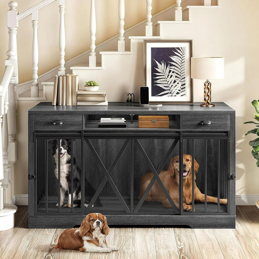 63" Double Dog Crate TV Stand with Power Outlet for 2 Dogs