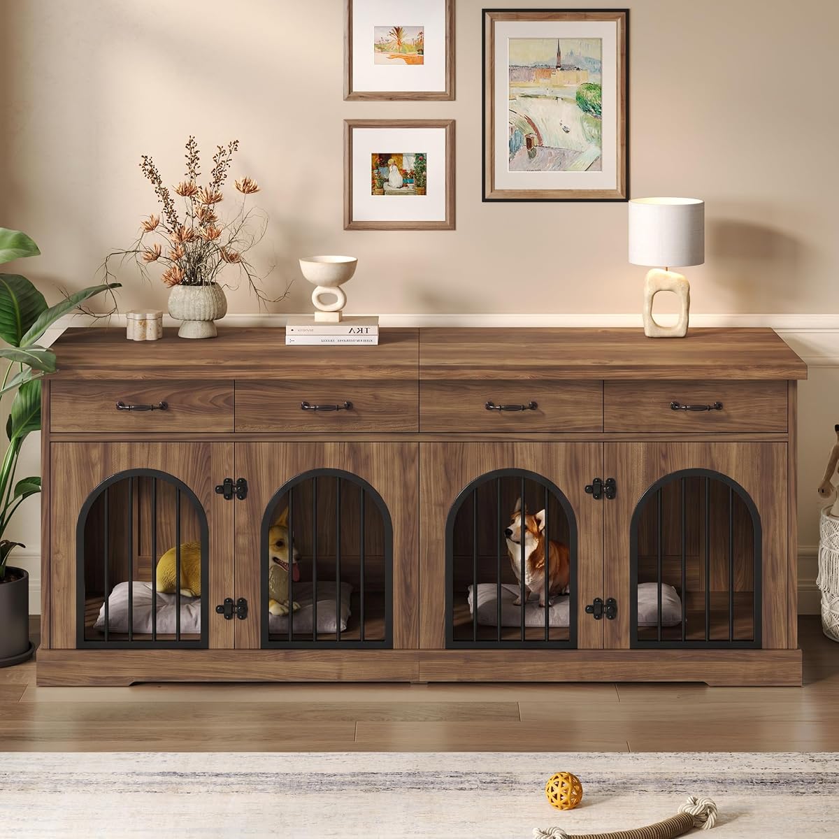 70.8" Large Dog Crate Furniture & TV Stand for 2 Dogs – Double Kennel with 4