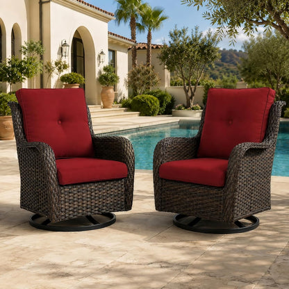 2 Piece Wicker Patio Swivel Rocker Chairs, Brown/Red