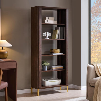 74" Tall Fluted Bookshelf, 5 Tiers Modern Curved Bookcase, Brown