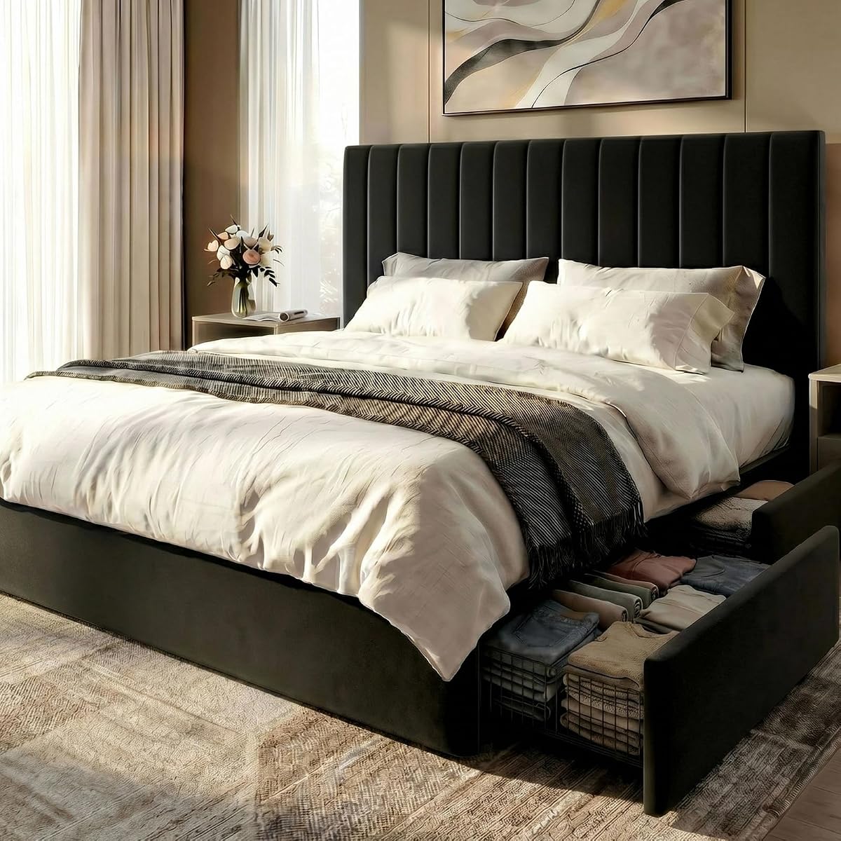 King Size Platform Bed Frame with 4 Oversized Storage Drawers