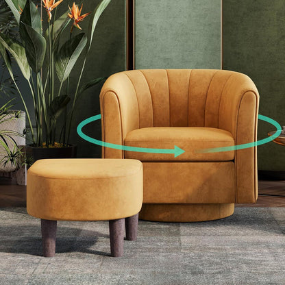 Swivel Accent Chair Ottoman Set: Velvet Small Barrel Chair with Foot Rest, Modern Reading Chair Upholstered Armchair with Footrest for Living Room Bedroom Study Room Office (Yellow)