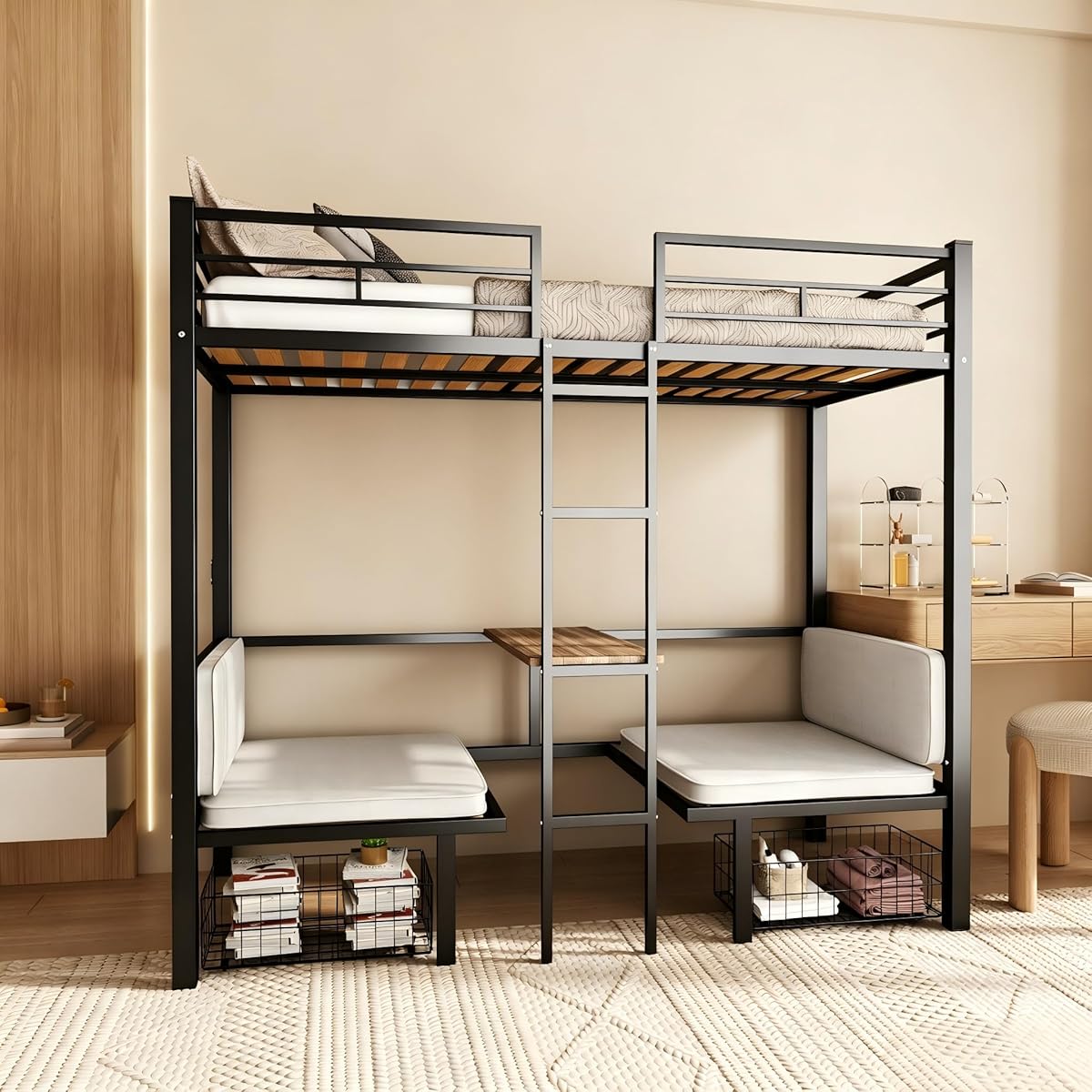Full Size Loft Bed with Drawer and Desk & Table Sets Transformable for Bedroom,Dormitory,Living Room,Metal Sturdy Bed Frame w/Full-Length Guardrails,Full Over Full Bunk Bed,Black
