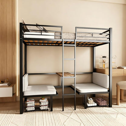 Full Size Loft Bed with Drawer and Desk & Table Sets Transformable for Bedroom,Dormitory,Living Room,Metal Sturdy Bed Frame w/Full-Length Guardrails,Full Over Full Bunk Bed,Black